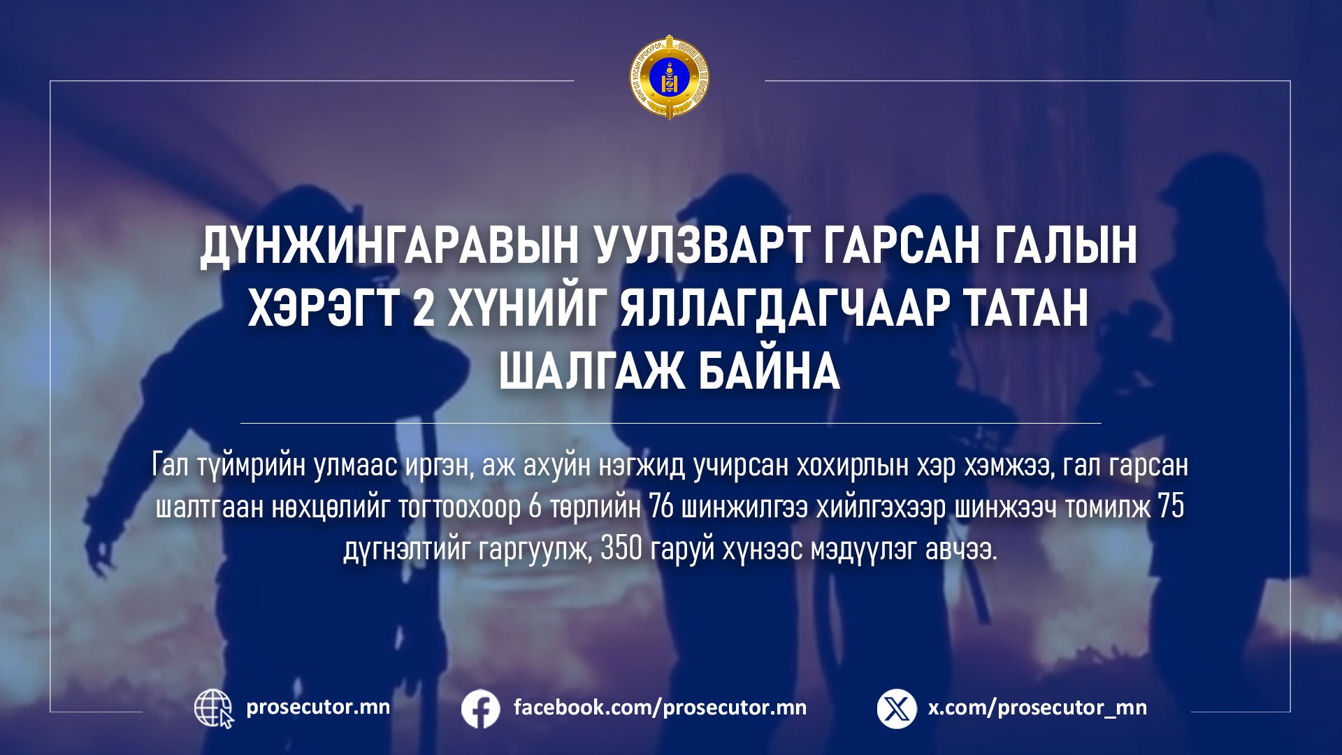 ДҮНЖИНГАРАВЫН УУЛЗВАРТ ГАРСАН ГАЛЫН ХЭРЭГТ 2 ХҮНИЙГ ЯЛЛАГДАГЧААР ТАТАН ШАЛГАЖ БАЙНА